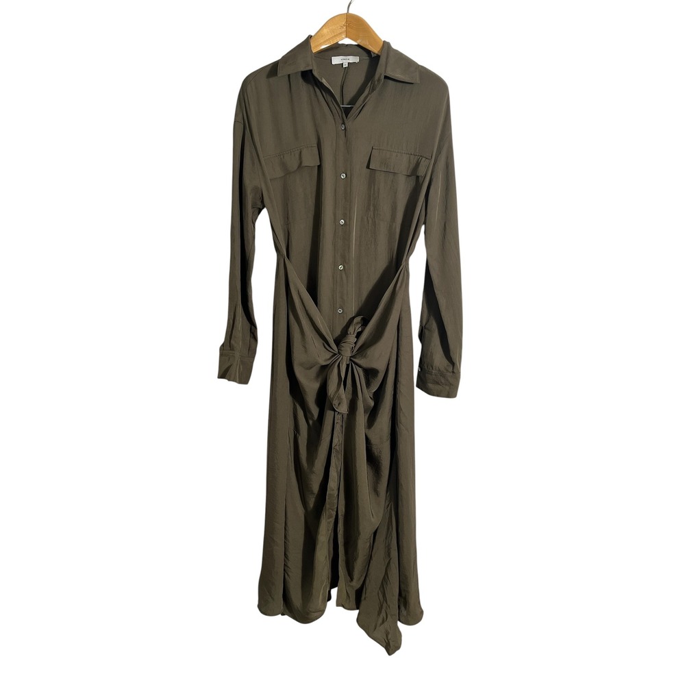 VINCE Olive Green Tie Front Utility Long Sleeve Shirt Dress - Picture 3 of 12